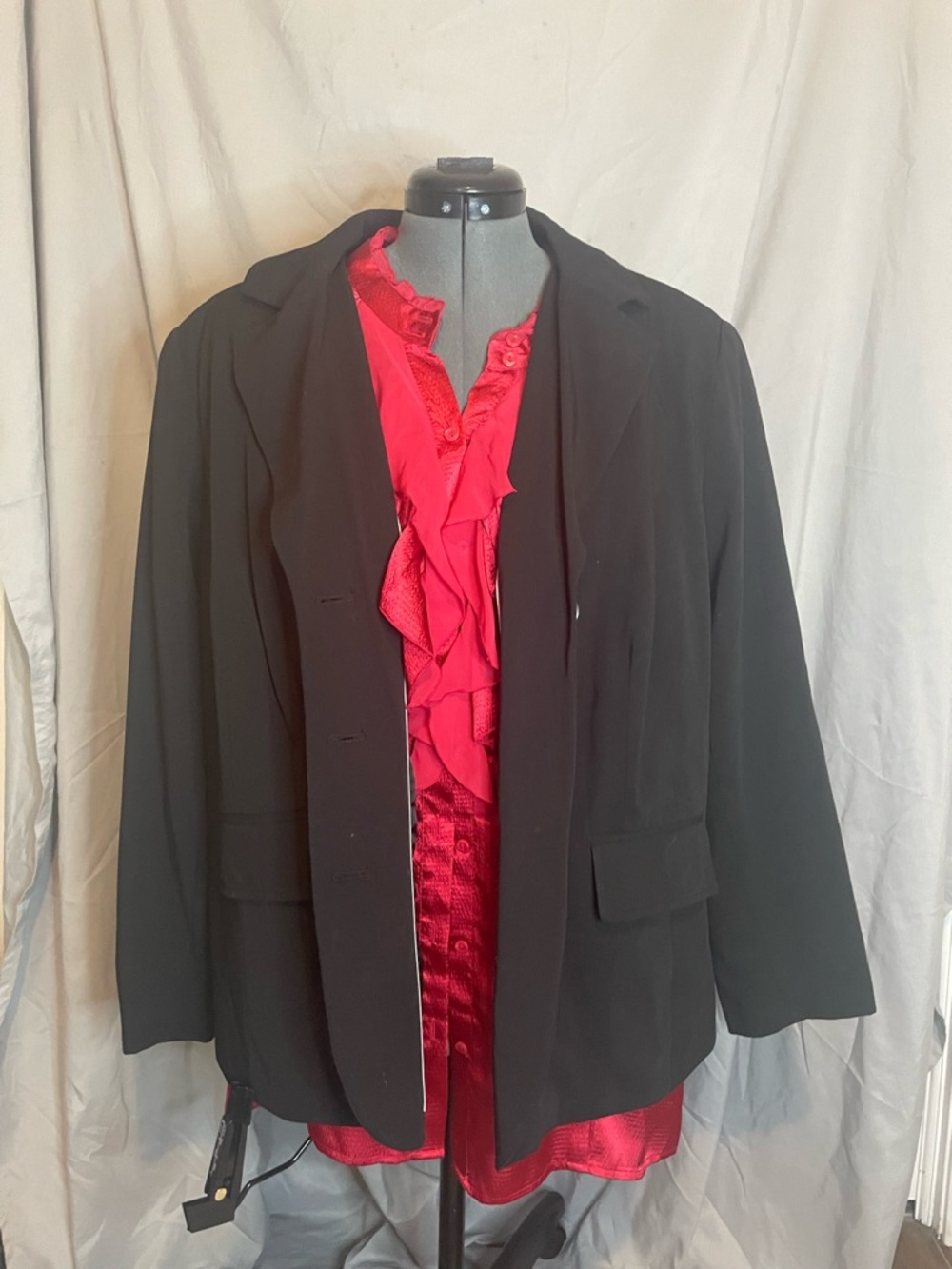 Worthington Black Blazer with Red Ruffle Blouse